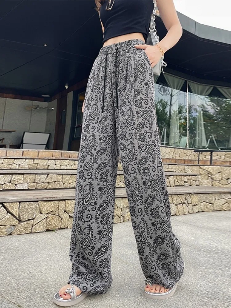 Pantaloni a vita alta in seta di ghiaccio a gamba dritta Pantaloni estivi da donna versione sottile drappeggiati pantaloni casual coreani a gamba larga