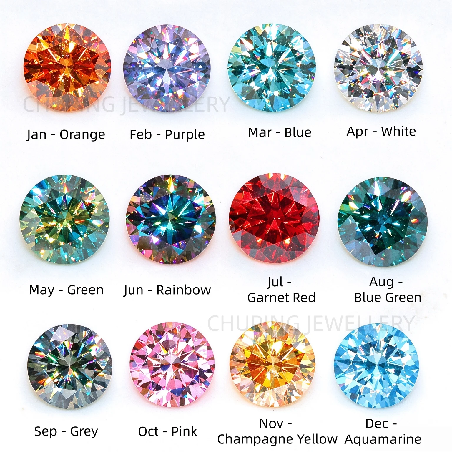 12 Birth Month Color Moissanite Round 8 Hearts 8 Arrows Cut, Blue Green Red Aquamarine Color Moissanite Loose Gemstone With GRA