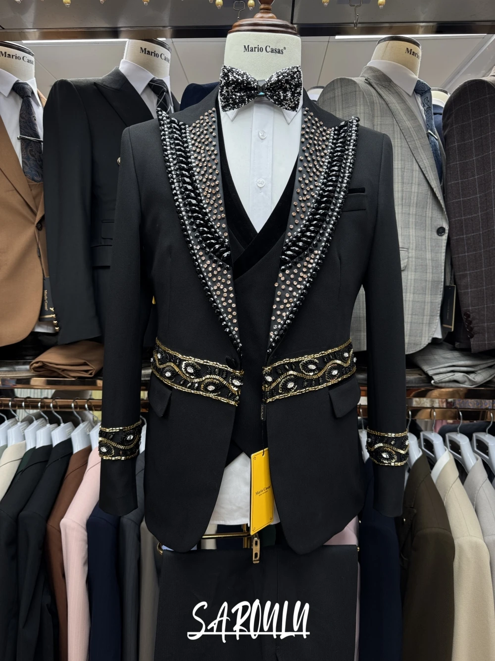 

Luxury Black Men Suits Set 2 Pcs Blazer+Pant Trousers Wedding Tuxedo Stone Crystals Formal Office Business Groom Jacket Coat