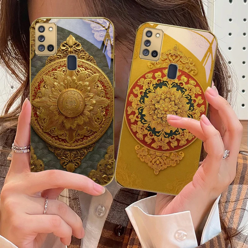 أقحوان أصفر لسامسونج A 31 32 A33 A34 35 14 A15 13 16 25 26 50 52 53 54 55 56 70 71 72 73 حافظة هاتف زجاجية ذهبية