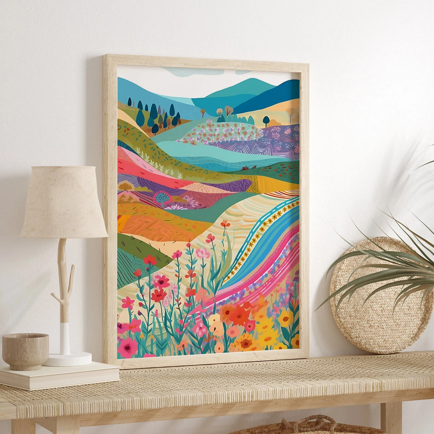 Zestaw 2 obrazów na płótnie: Patchwork Meadow, krajobraz, kwiaty, botanika, kolorowy maksimalizm, abstrakcyjny plakat, dekoracja domu