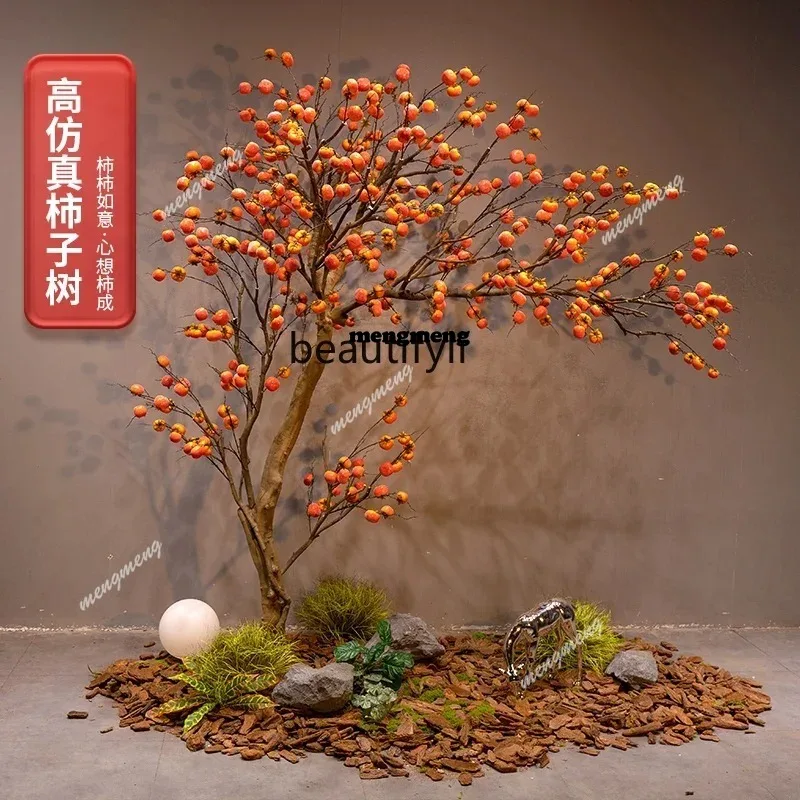 N    New Chinese simulation persimmon tree hanging upside down window hotel indoor and outdoor wall decoration landscaping