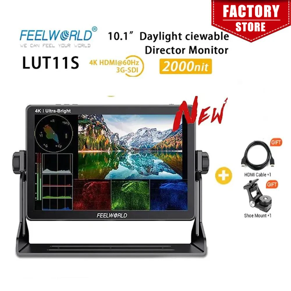 FEELWORLD LUT11S 10.1 Inch 2000nit Ultra Bright IPS Touch Screen 3DLUT 3G-SDI HDMI DSLR Camera Field Monitor with F970 External