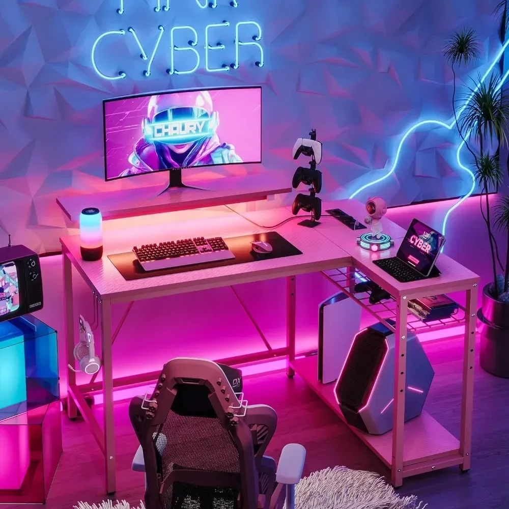 Gaming Desk with Power Outlets,42 LED Small Corner Computer Desk with Reversible Storage Shelves,L Shaped Desk with Hooks