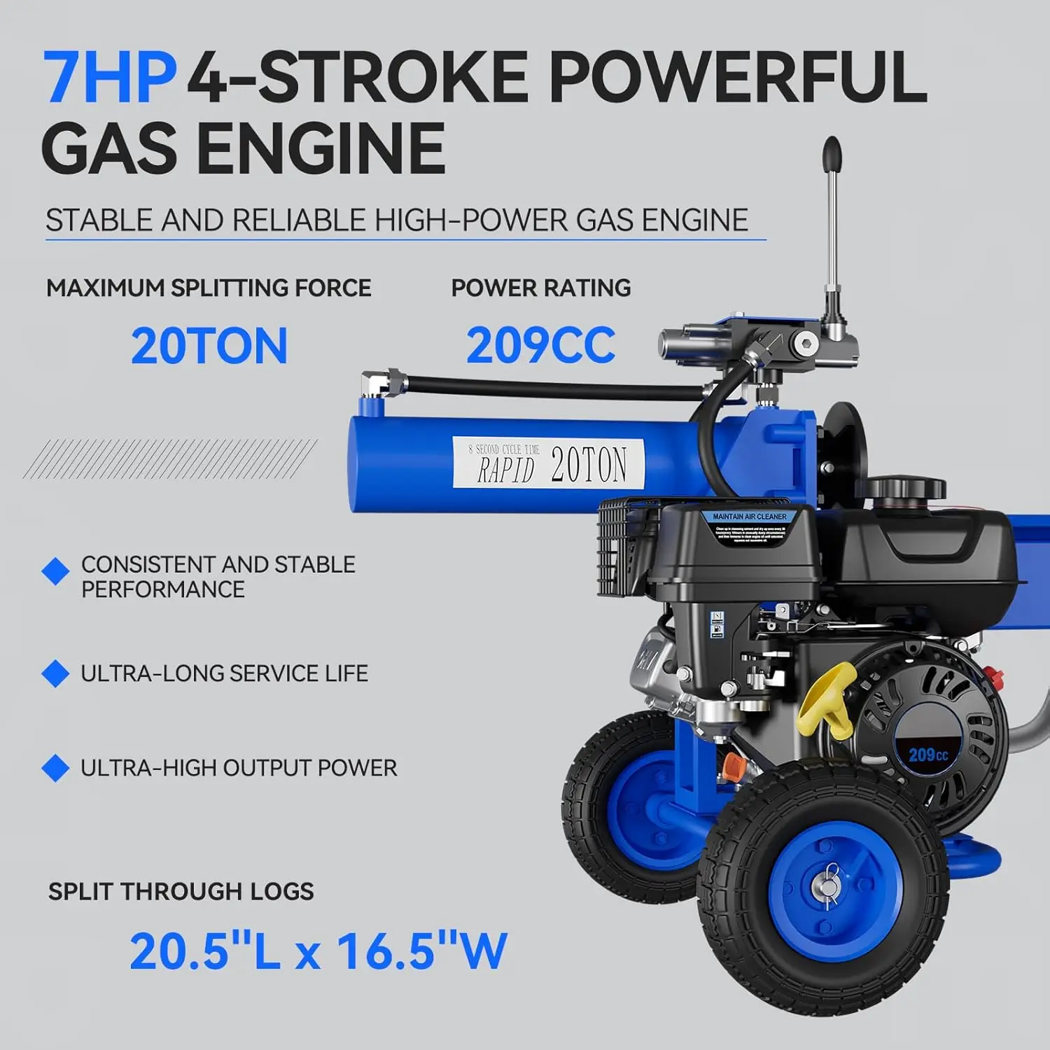 Portable Log Splitter Log Splitters for Firewood 20-Ton Auto-Return Ram System with 7HP Gas Engine and Dual-Gear Hydraulic Pump