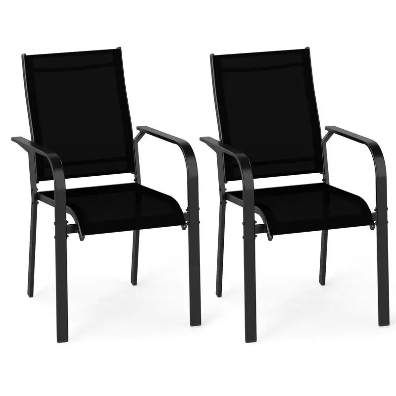 Patio Dining Chairs Set of 2 Stackable Outdoor Armchairs with Metal Frame-Set of 2