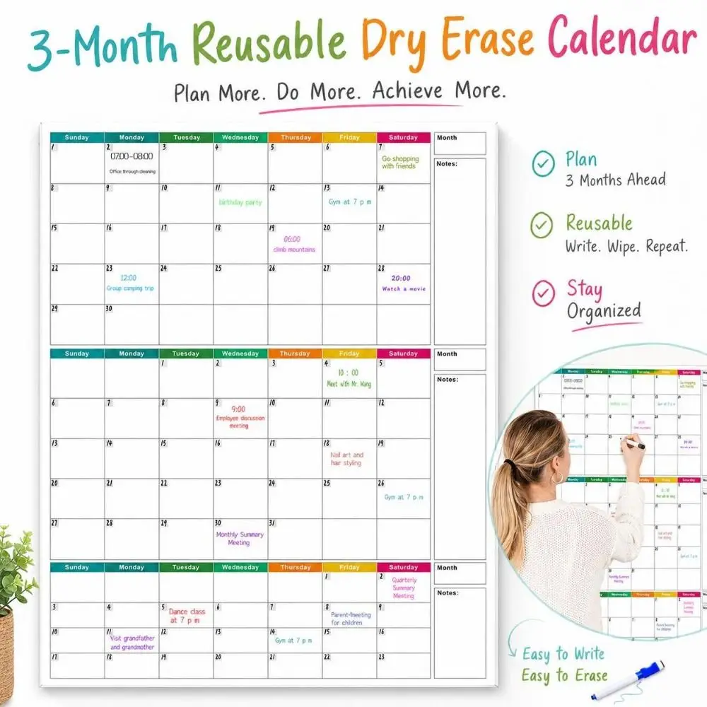 Dry Erase Wall Calendar At One Glance Large Size 3 Months Calendar One Page Design Laminated Surface Schedule Planning Table