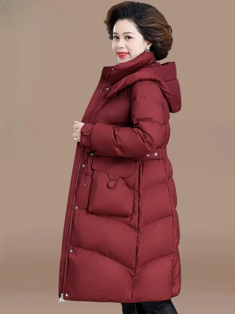 

Красная удлиненная пуховая куртка для мам, модная, свободного кроя, из полиэфирного волокна, с капюшоном, на молнии, осенне-зимнее пальто для женщин среднего возраста