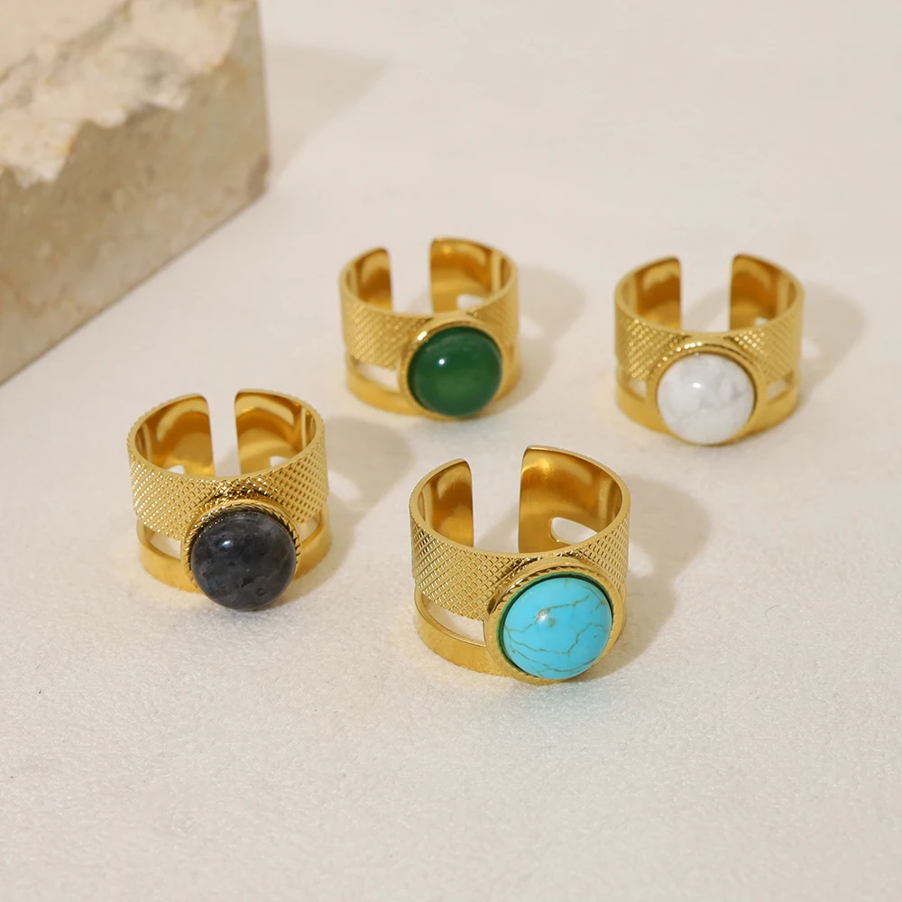 WILD & FREE 18K مطلية بالذهب الفولاذ المقاوم للصدأ خواتم واسعة للنساء الحجر الطبيعي الفيروز الاتجاه المجوهرات الجمالية #2