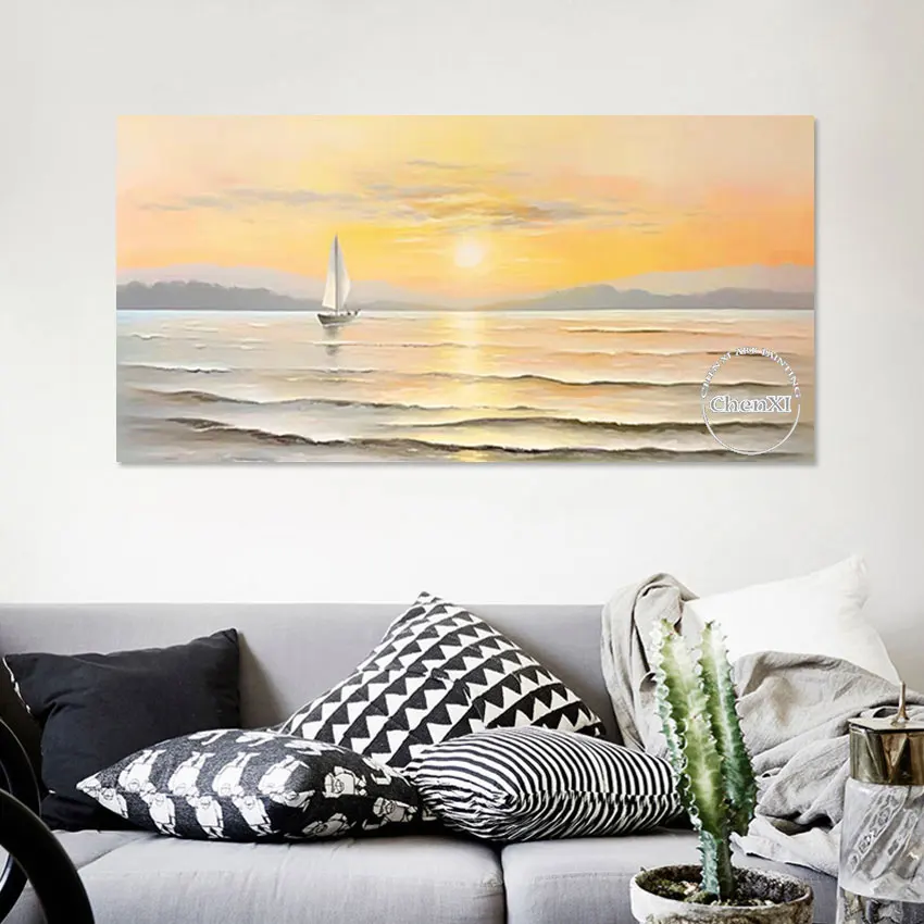 Seascape Wall Panel Set for Living Room Decor, Abstract Sunrise Oil Painting, Canvas Art, Luxury Vintage Artwork, Big Size