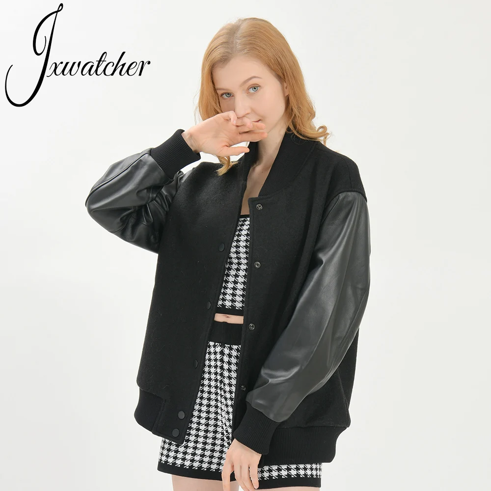 Jxwatcher Cashmere Bomber Jacket With Real Leather Sleeves Unisex Hip Hop Streetwear Spring Wool Coat Sheepskin Baseball Outwear