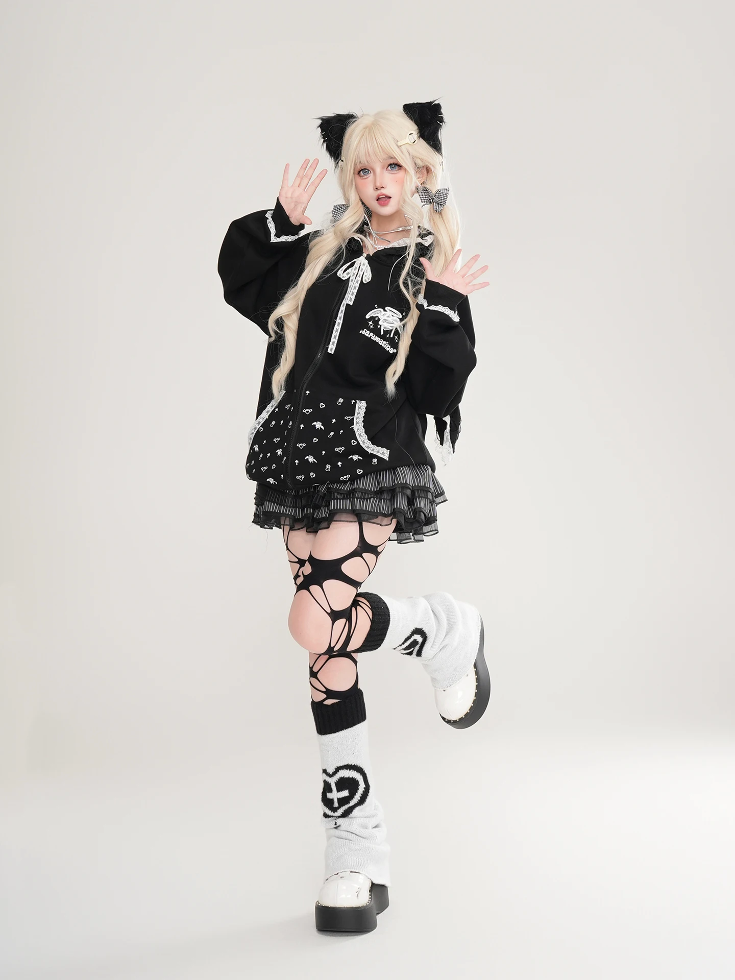 Japanese Fashion Highstreet Sweet Cool Girl Y2K Hoodies Loose Casual Lace Patchwork Ear Hooded Sweatshirts Jackets Women Autumn