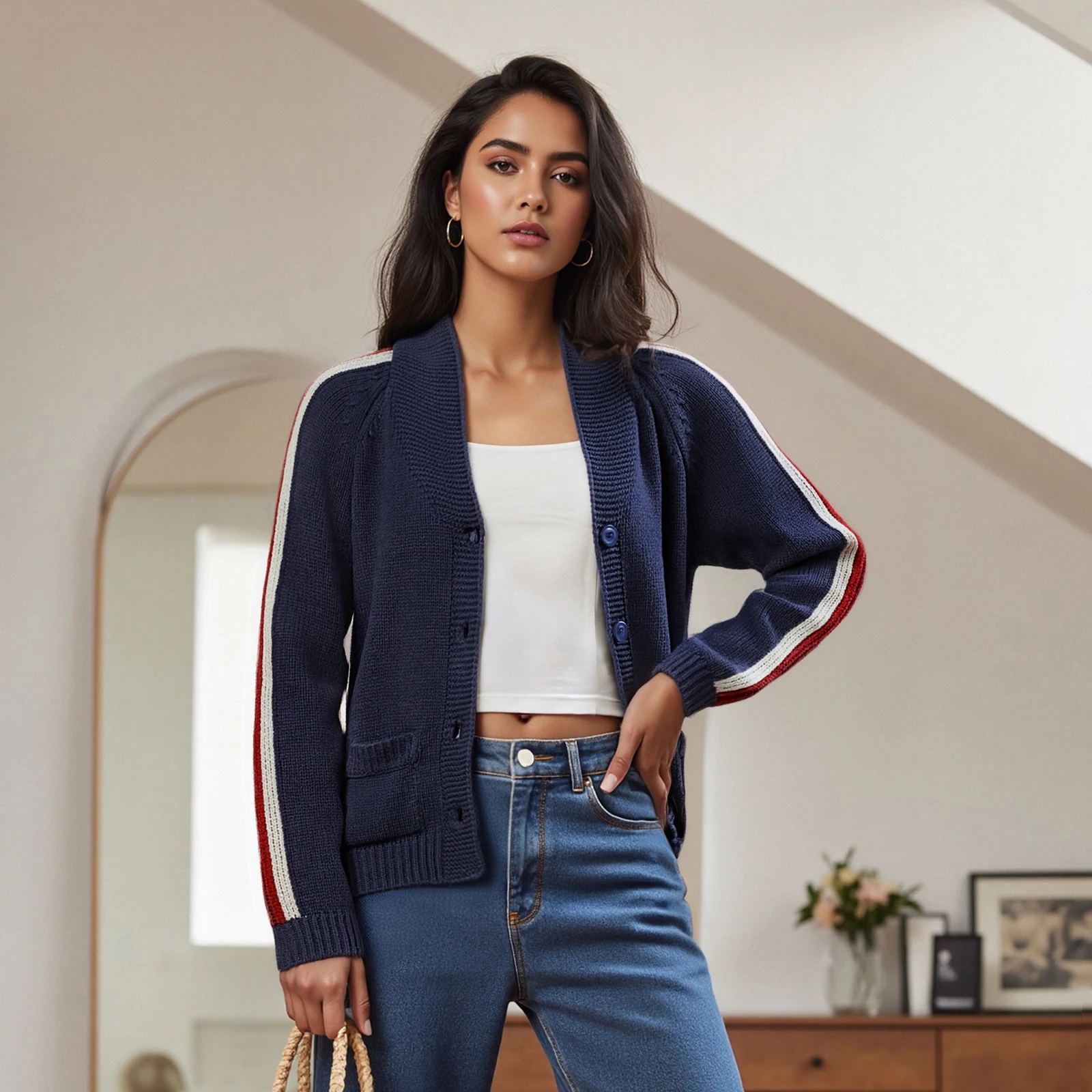 Women V Neck Cardigan Back Letter Pattern Long Sleeve Button-up Knit Sweater with Pockets Casual Fall Clothes S-XL