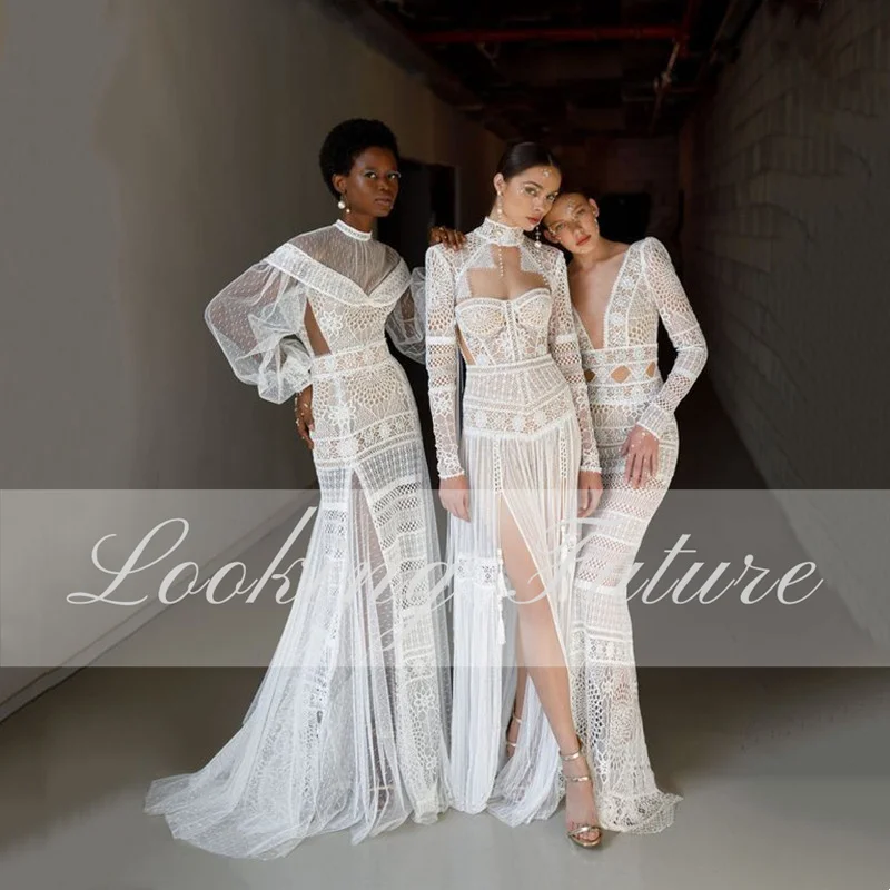 Boho Backless Wedding Dresses A-Line Long Sleeves Floor Length Robe De Mariee Sexy High Side Slit Beach Simple 2025 Customized