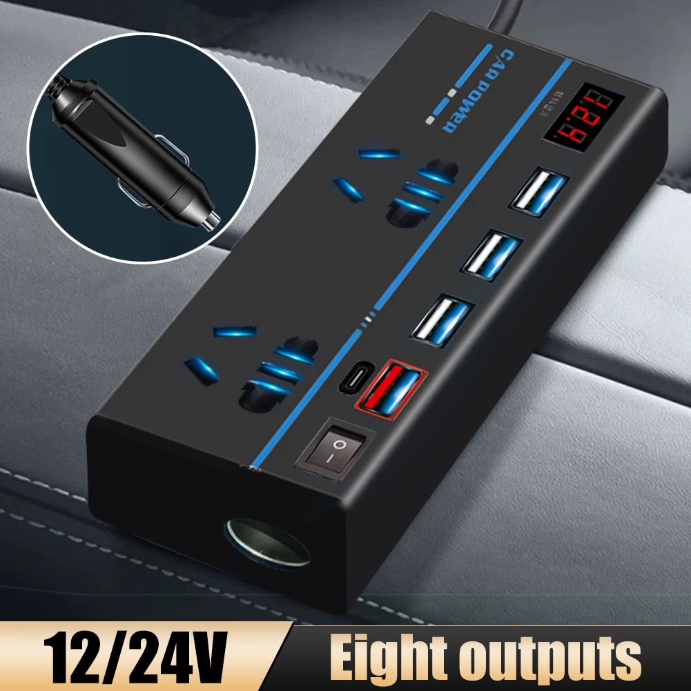 

200W Car Power Inverter DC12V/24V to AC110V/220V Power Converter Adapter Fast Charger with 2 AC Sockets 4 USB Ports LCD Display