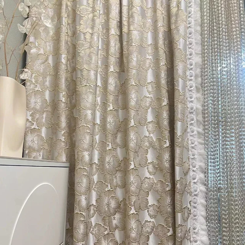 

French Fashion Embossed Jacquard Precision Luxury Curtains for Living Room Bedroom Dining Fur Ball Tassel Lace Blackout Tulle