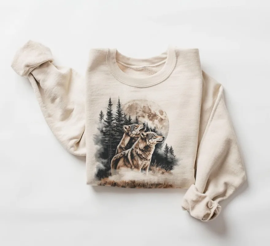 

Retro 80s Wolves Howling At The Moon Sweatshirt 90s Wolf Foggy Forest Wilderness Outfit Women's Pullover Sport Shirt Clothing