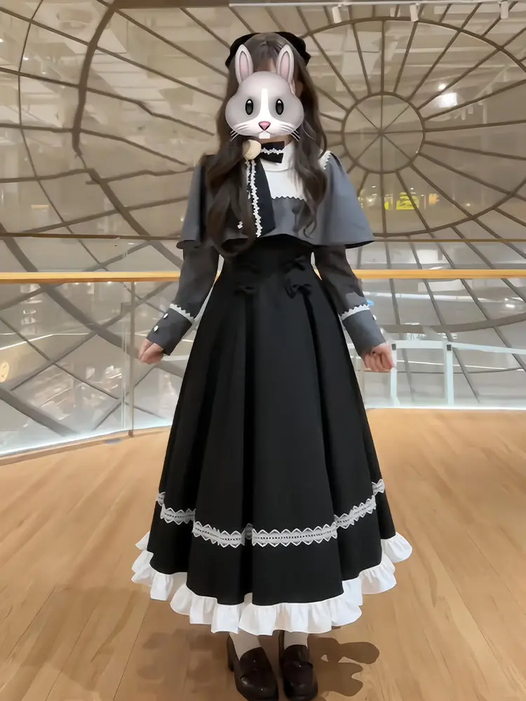 

Autumn Japanese Vintage Gothic Lolita 2 Piece Women's Bow Cloak Coat + Long Sleeved Slim Fit Dress Harajuku 2000S Y2K Party Set