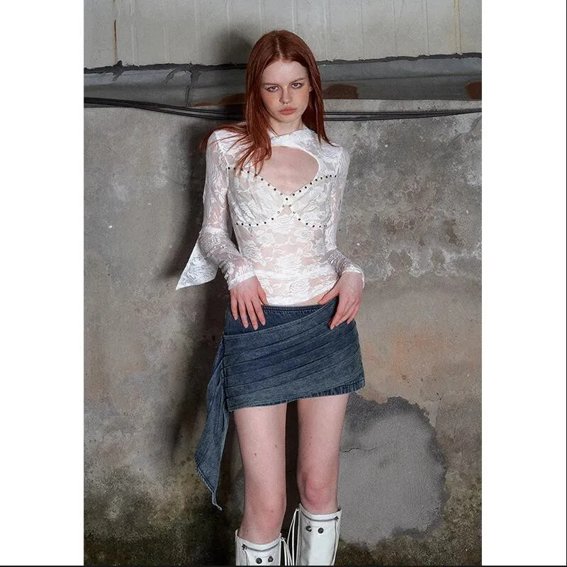 

Women Hollow Out Gothic T-shirt Korean Y2k Tee Top Harajuku 2000s Vintage 90s Aesthetic Long Sleeve O-Neck Slim T-shirt p703