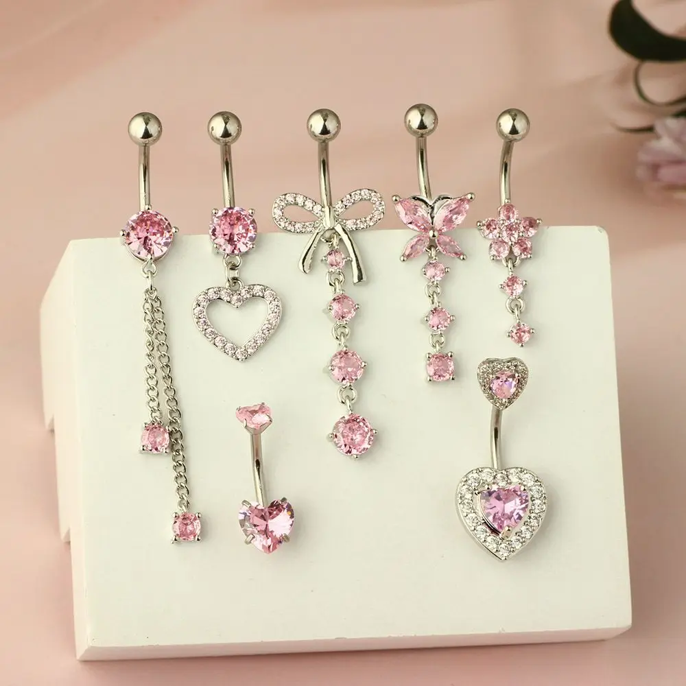 Gemischte Bauchnabelpiercing-Sets aus Edelstahl mit Blumen- und Schmetterlingsmotiven, gebogene Bauchnabelringe, 7 Stück/Set, Herz-Bauchnabelring-Packung – Detail 11