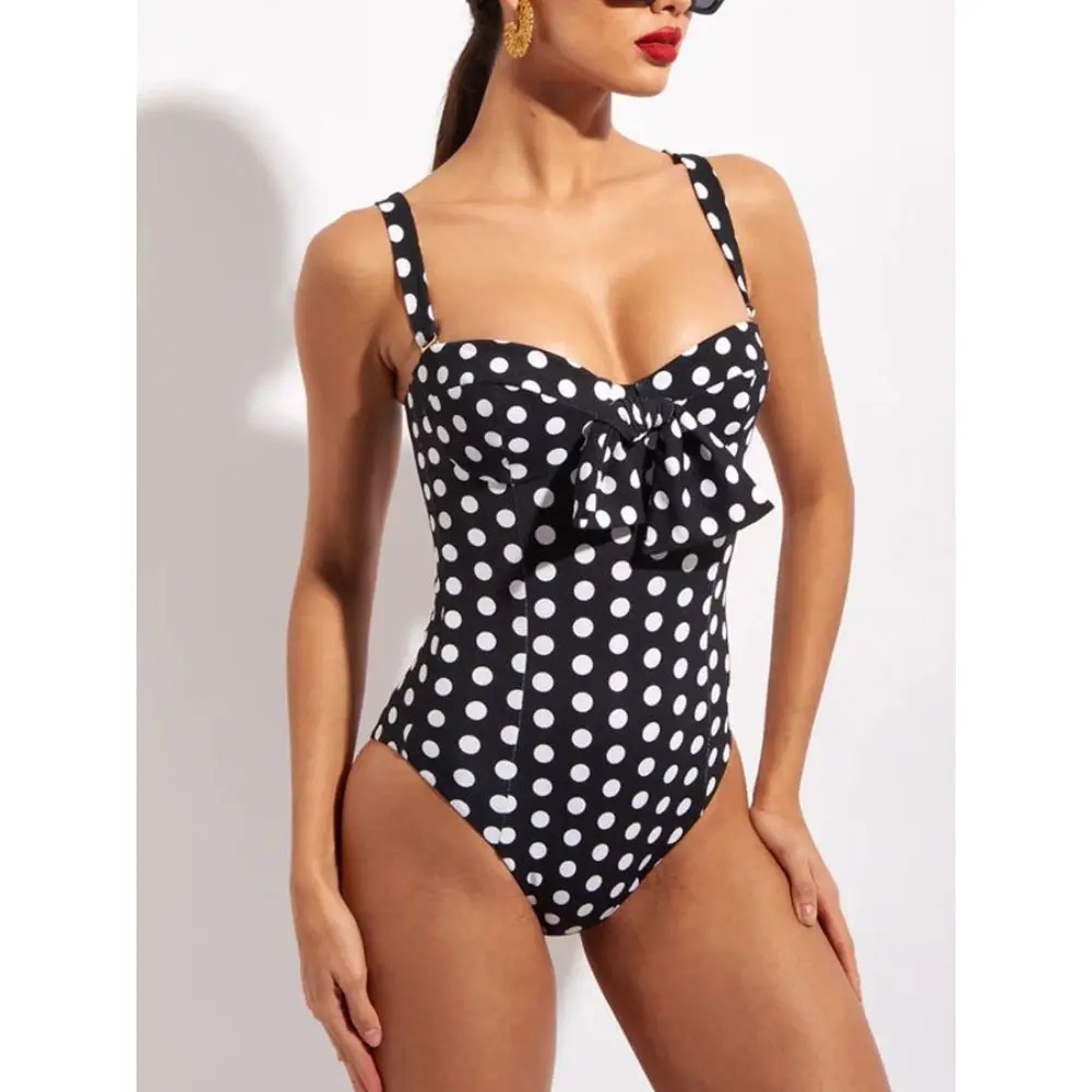 Mulheres estampadas em bolinhas Praia Cover Up, túnica longa Kimonos, Push Up Bow Design Biquíni, férias de luxo, maiô One Piece