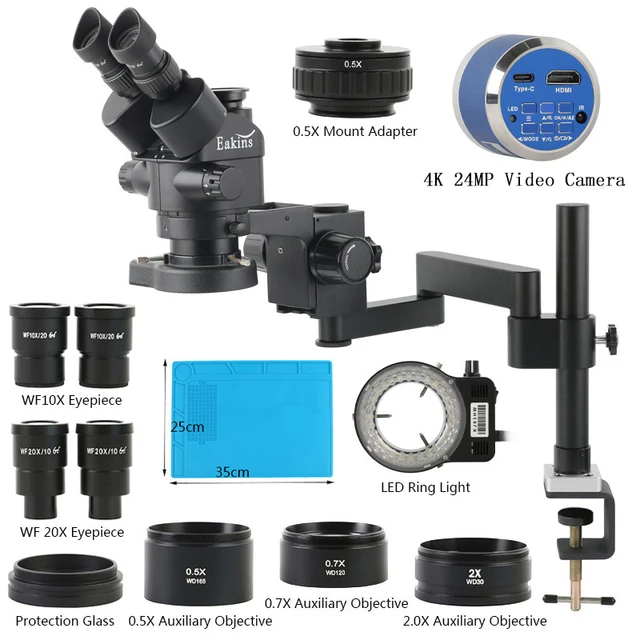 Kamera wideo 55MP 48MP 4K HDMI USB z obrotowym, uniwersalnym ramieniem i statywem, mikroskop stereoskopowy trójokularowy z symultaniczną regulacją ostrości 3.5X-180X