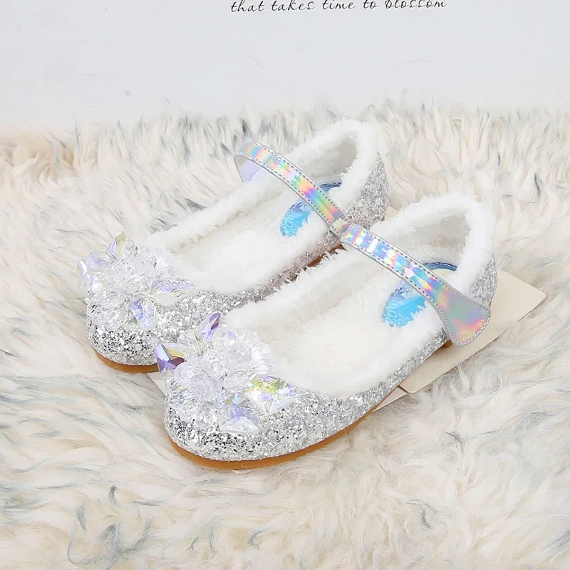 

Children Autumn Winter Velvet Princess Shoes Girls Warm Cotton Shoes Baby Fluffy Sequins Crystal Shoes Solid Color Non Slip