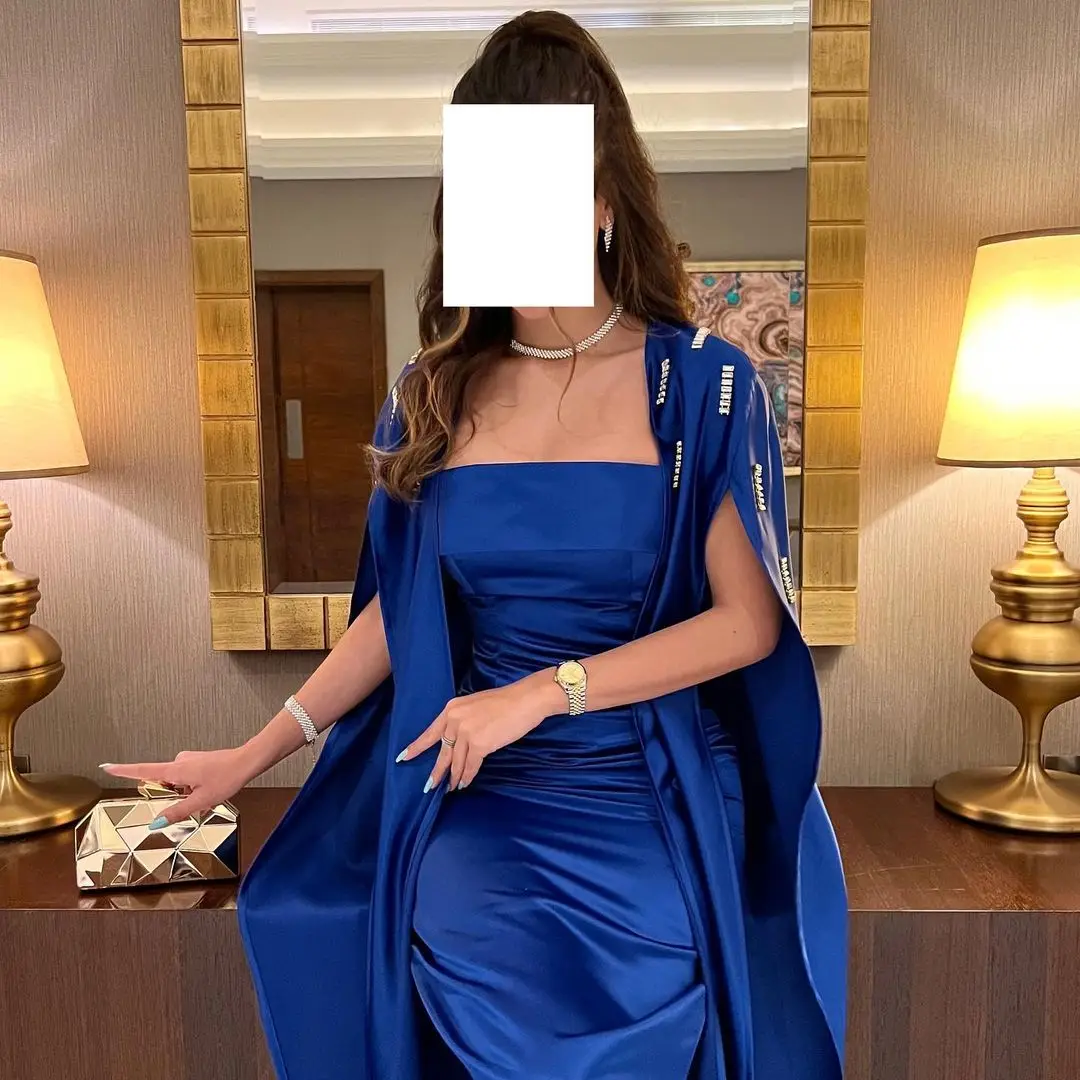 Robe de Rhsans bretelles vintage avec veste, robes d'occasion formelle, perles bleues royales, robes de soirée de tempérament