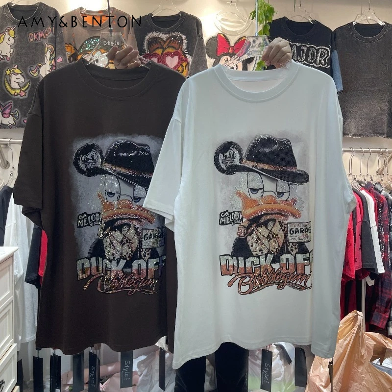 

Trendy Brand Spring Summer New Heavy Craft Rhinestone Cartoon Youthful Tees Fashion Loose Y2k Short-Sleeves T-shirt Top Pullover