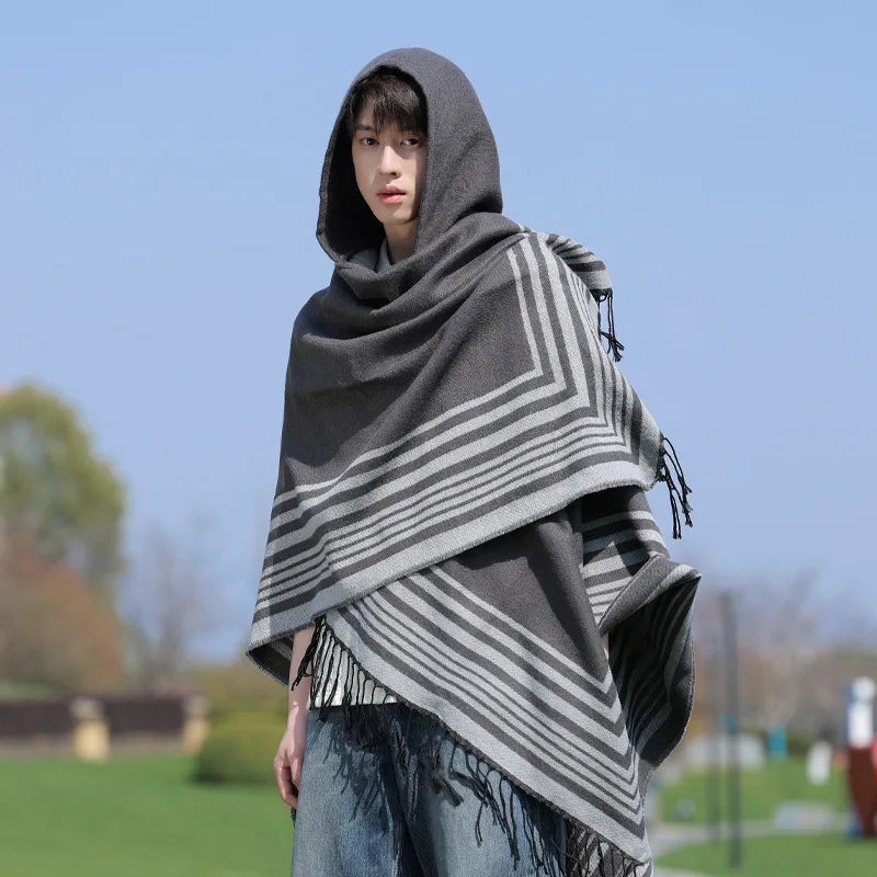 

Мужская винтажная накидка-пончо с капюшоном, вязаная, с бахромой, в полоску, теплая, большая, в стиле ретро