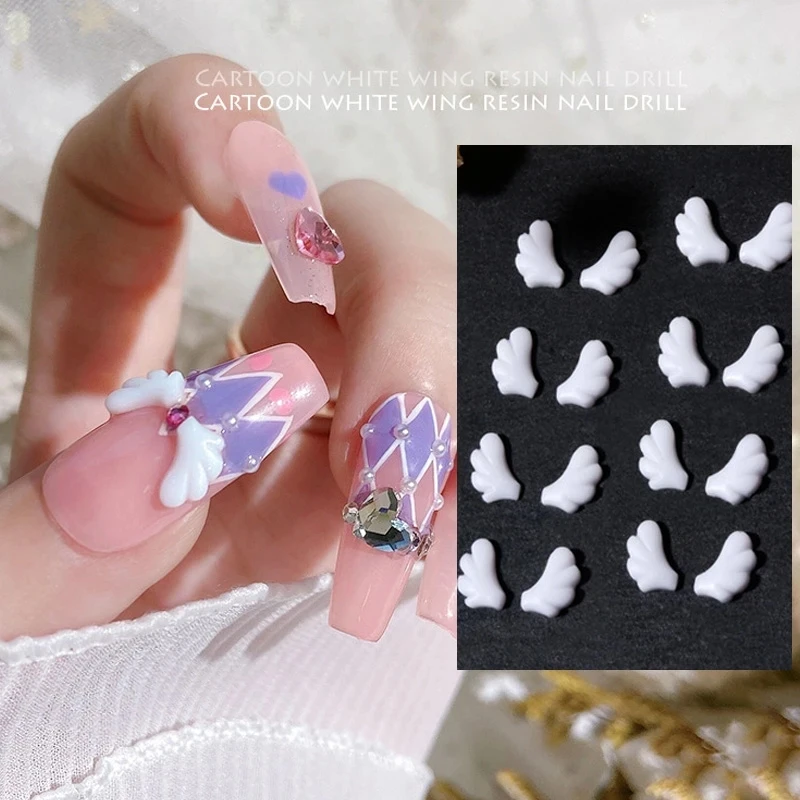 50Pcs White Angel Wings Nail Art Charms Left/right Resin Nails Decorations 6*7mm Symmetrical Fly Wing Part Manicure Accessories