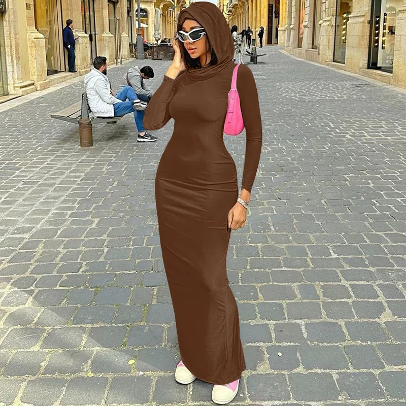 

2025 new Solid Casual Hooded Long Sleeve Maxi Dress Fashion Elegant Women Hem Split Bodycon Dresses Y2K Basic Trim Streetwear