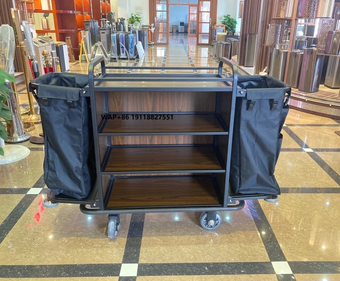 

3-Layer Housekeeping Room Service Cart Maid Cleaning Trolley with Two Long Bags
