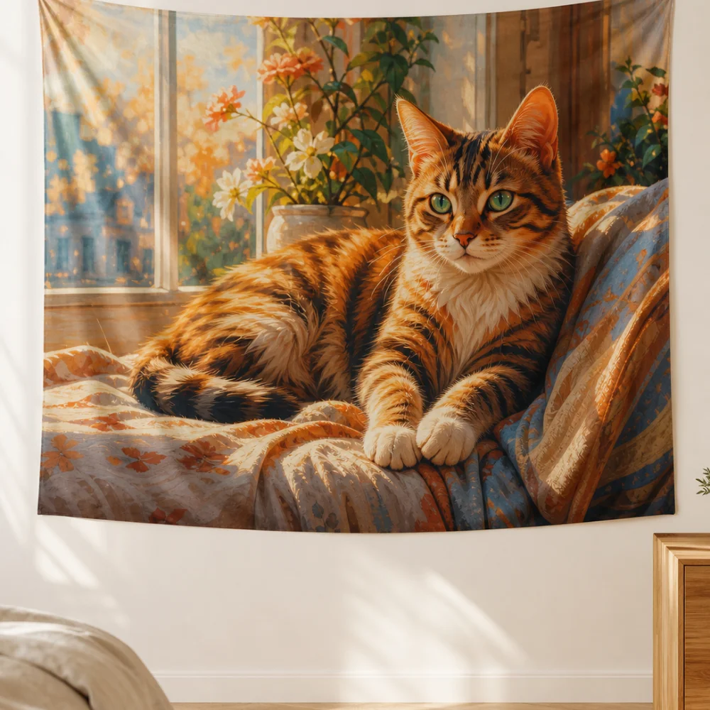 Warm french window tiger spot cat printed tapestry 150X100CM is suitable for warm atmosphere of bedroom wall background cloth