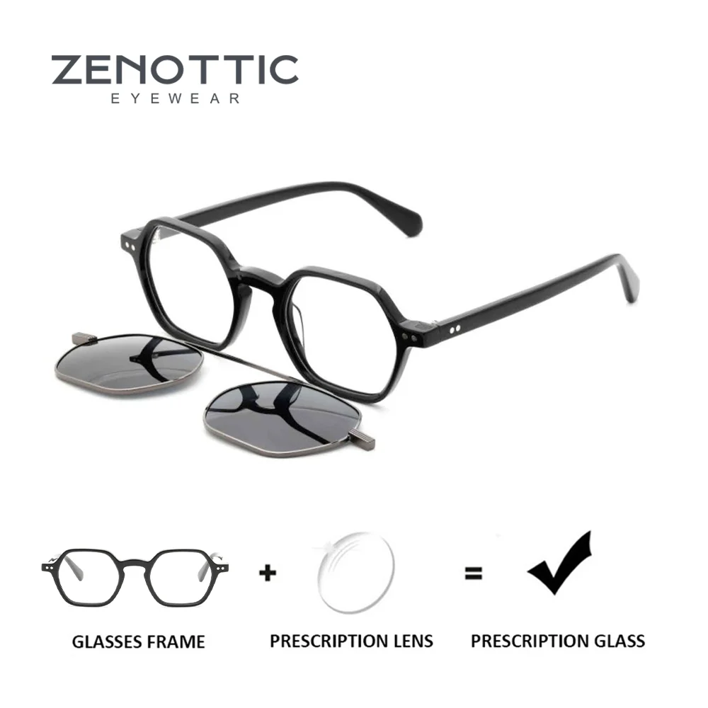 

ZENOTTIC Fashion Magnetic Clip On Prescription Glasses Polygon Acetate Frame for Men Women Sun Glasses Attachment Myopia Lenses