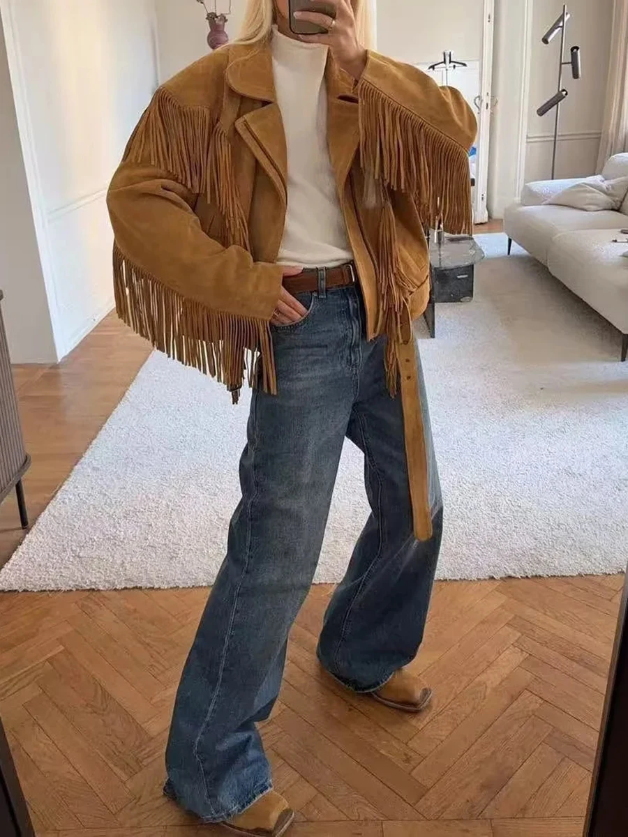 TWOTWINSTYLE Jednolita Kurtka w Stylu Vintage z Wstawkami i Szarfami dla Kobiet, Klapy, Długi Rękaw, Patchwork, Frędzle, Luźny, Modny Płaszcz Damski, Nowość