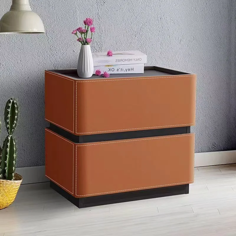 

Saddle leather bedside table simple light luxury modern bedroom storage cabinet minimalist small solid wood bedside table