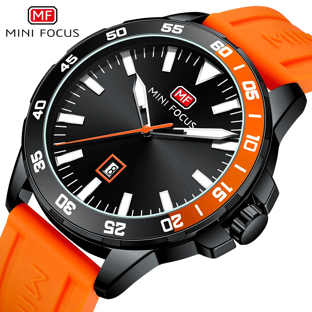 MINI FOCUS Orange Fashion Waterproof Watches Date Display Casual Silicone Strap Sports Quartz Watch for Men Luminous Hands 0020