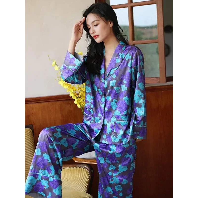 

12911-1Pajamas women's spring and autumn models ice silk long-sleeved printing two-piece casual wear high-end new home service