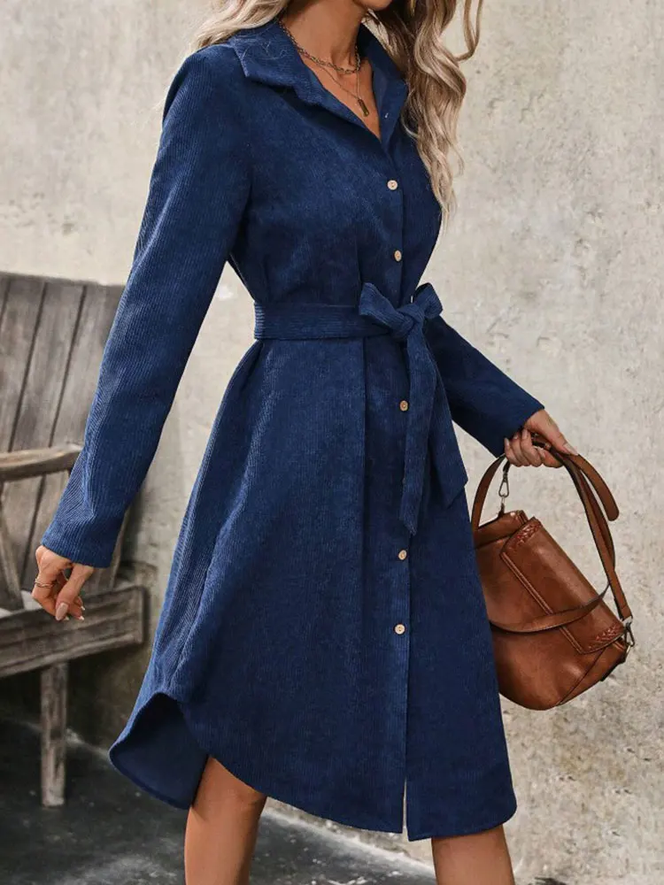 جديد الصلبة مع حزام سروال قصير كم طويل فستان الشتاء مكتب حفلة زر مفتوح منتصف طول تنورة أنيقة الخريف الملابس النسائية