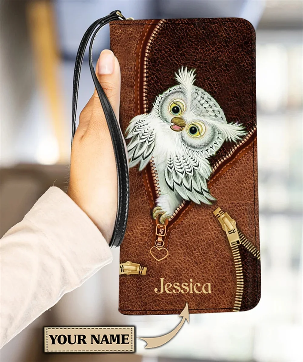 

Personalized Customized Cartoon Owl Animal Pattern Purses and Handbags for Women Luxury Wristlet Wallet Long PU Leather Coin Bag