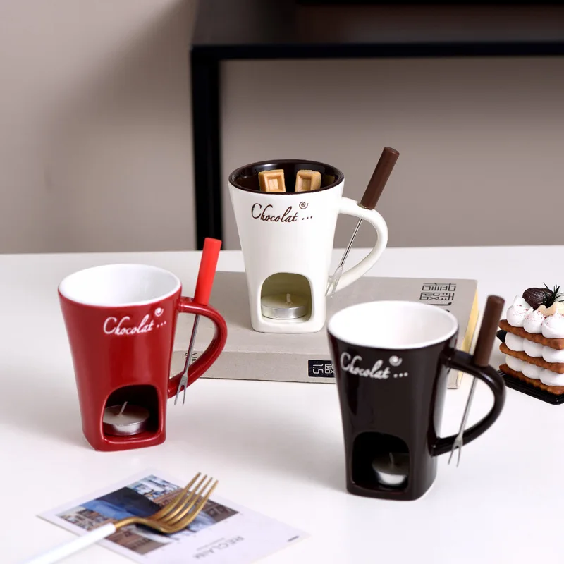 

European Candle Cup Cheese Chocolate Melting Ceramic Mug Heating Food Ceramic Mug with Fork Creative Coffee Mug Tableware
