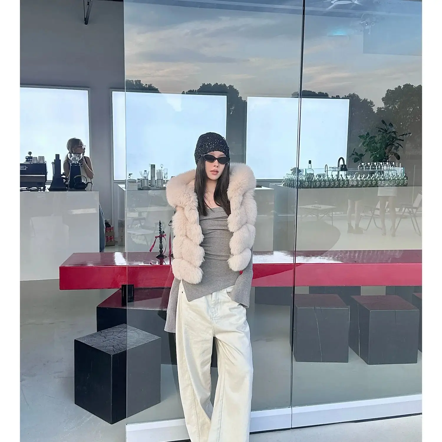 고품질 리얼 폭스퍼 숏 후드 브레드 스몰 베스트, 패션 신상 스타일 베스트, 푹신한 천연 폭스퍼 베스트 (인기 상품)