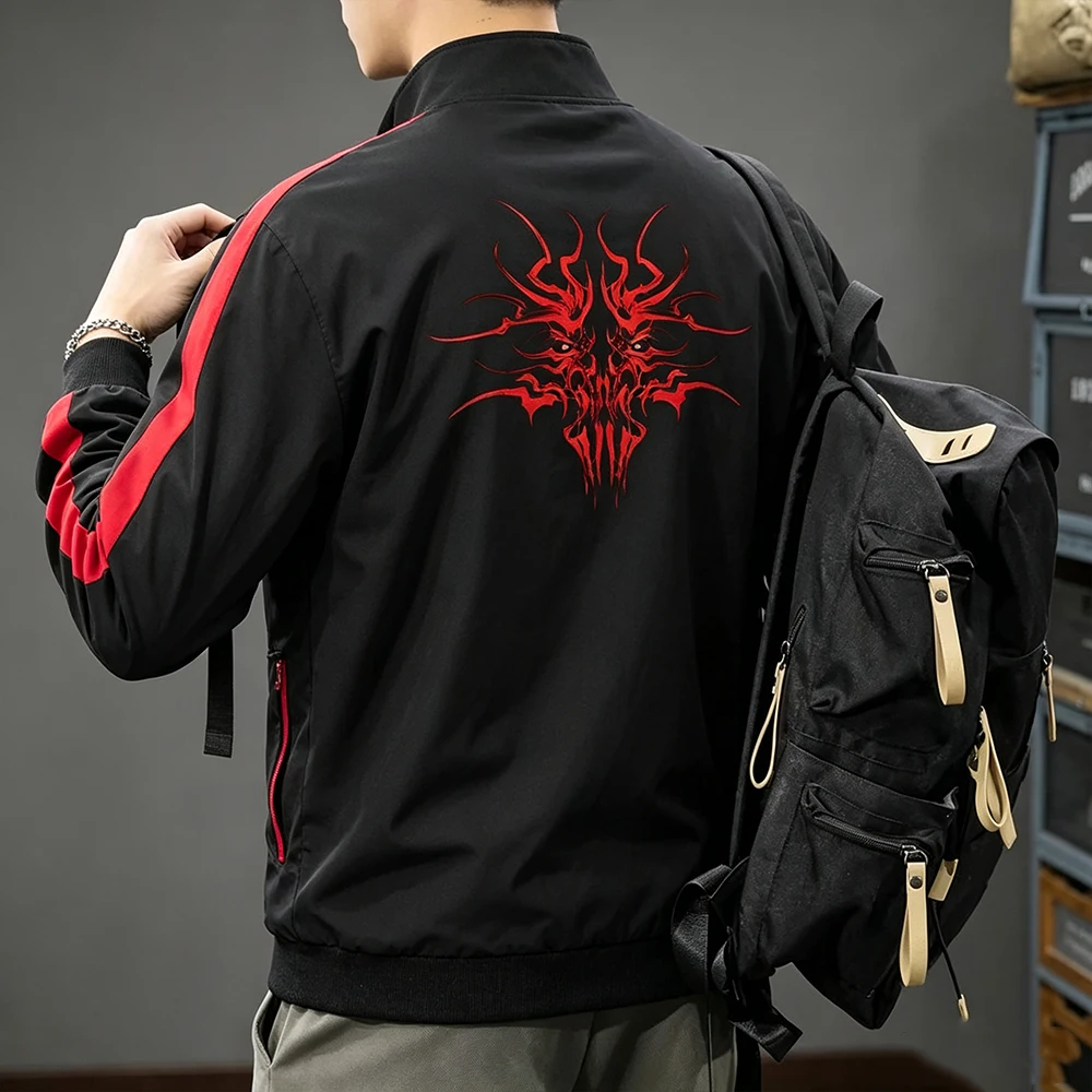 Men's Sport Stand Collar Track Jacket Red Side Striped Full Zip Up Coat Red Spike Demon Print Casual Streetwear Running Tops
