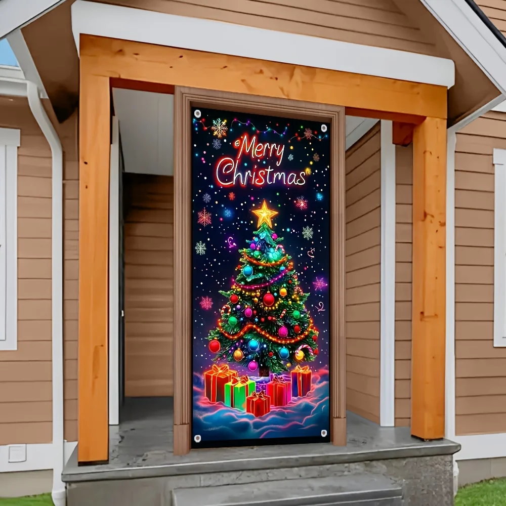 لافتة باب بوليستر شجرة عيد الميلاد المسطحة 2D - الخيار المثالي لاحتفالات المهرجانات والحفلات الموسمية