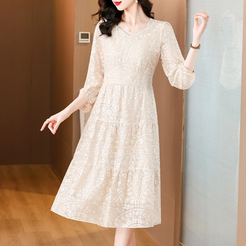 

Women Apricot Embroidery Floral Chic Sequins Midi Summer Elegant Mesh Sheer Sexy Dress 2024 Korean Vintage Ruffled Dresses