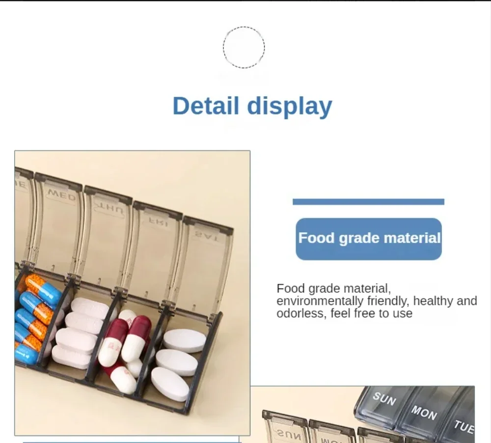 Pillendose für 7 Tage, Medikamentenbox, Wöchentlicher Pillenorganizer für Vitamine, Fischöle, Nahrungsergänzungsmittel und Medikamente für Reisen und Arbeit – Detail 8