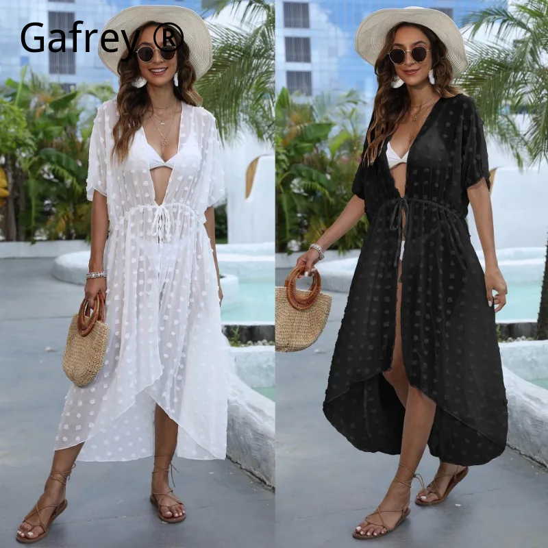 

Women's Polka Dot Chiffon Beach Cover Up Irregular Hem Crochet Knit Cardigan, Boho Open Front Swimsuit Coverup Summer Sun Tunic