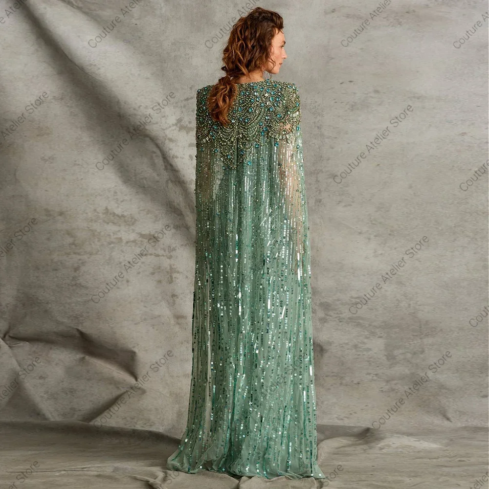 Robe de Soirée de Luxe Vert Sauge de Dubaï pour Femme, Tenue avec Perles Cape, Clip localité, pour ixde Mariage, Col en V, Cocktail, Personnalisée, 2025