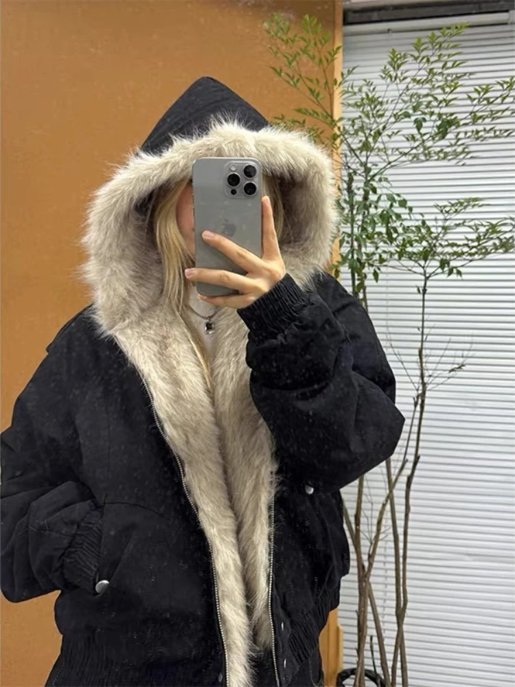 Deeptown Liner Fur Y2k Hooded Women Jackets Casual Black Thick Vintage 2000s Punk Cropped Parkas Outerwear Grunge Jackets Gothic